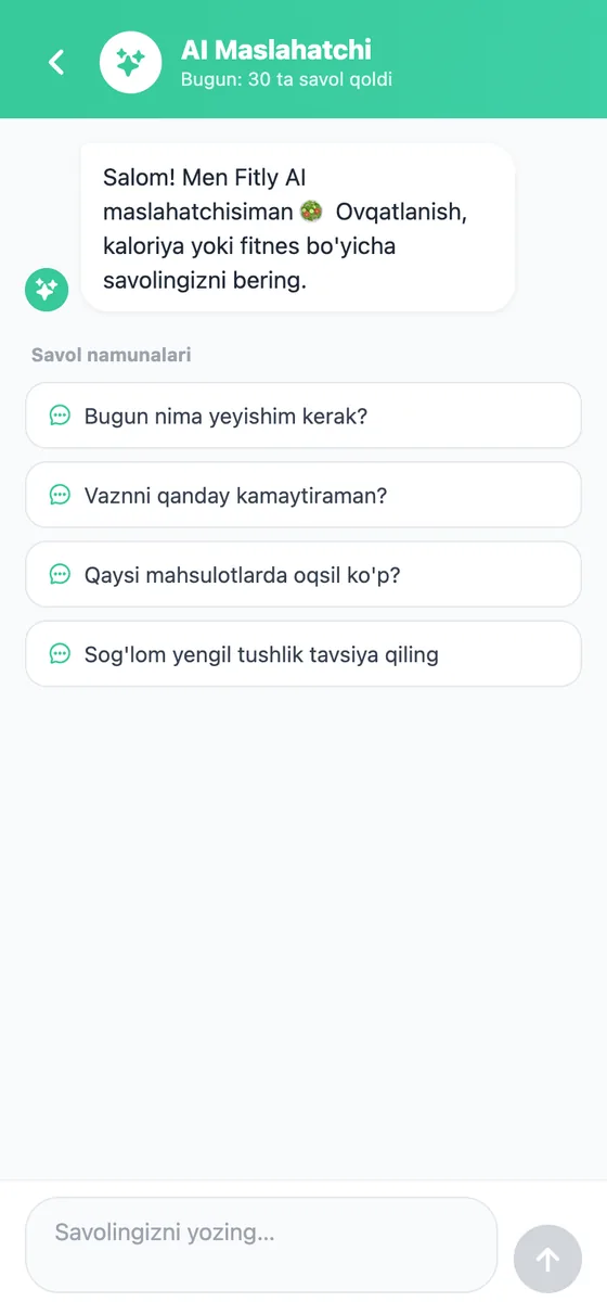 Fitly AI maslahatchisi bilan suhbat oynasi